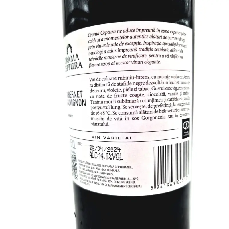 Pensionare, felicitari pentru o cariera deosebita, vin rosu cabernet sauvignon, demisec, 750ml, 13.5% alcool